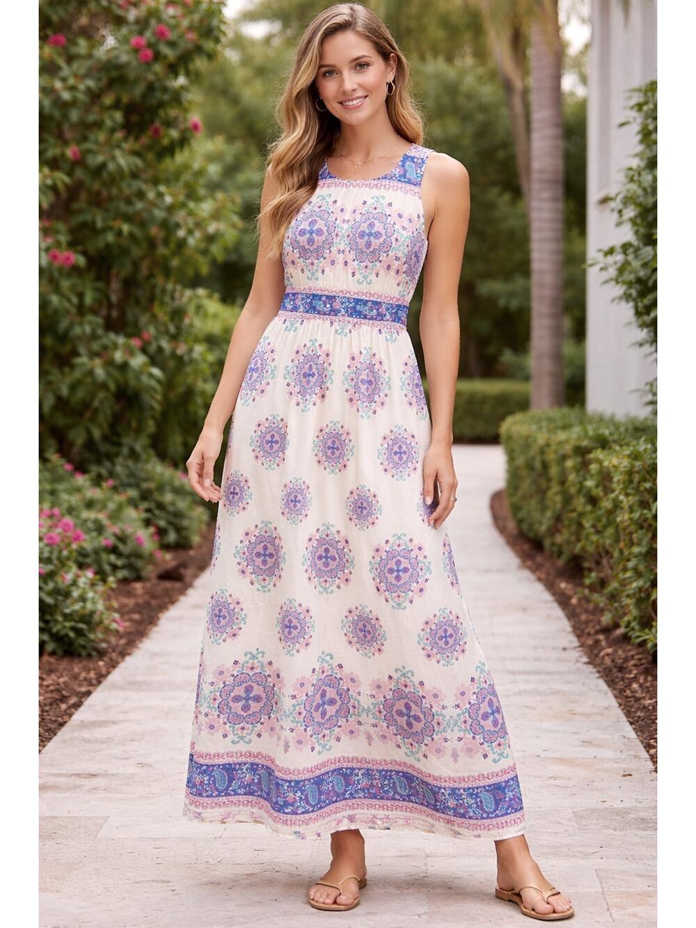 Under Skies Dress M Ivory Bohemian Paisley Halter Maxi Flowy Summer Cruise Beach
